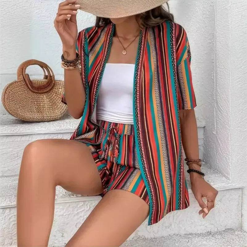 Women's Summer Loose Fit Cardigan and Shorts Two-Piece Set - Buy Center US