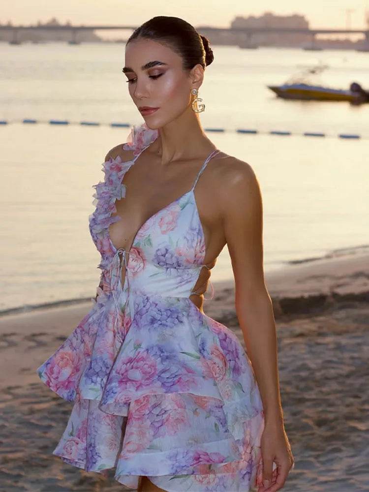 Beainmmry Sexy V-Neck Printed Mini Dress - Flare Sleeve A-Line Style - Buy Center US