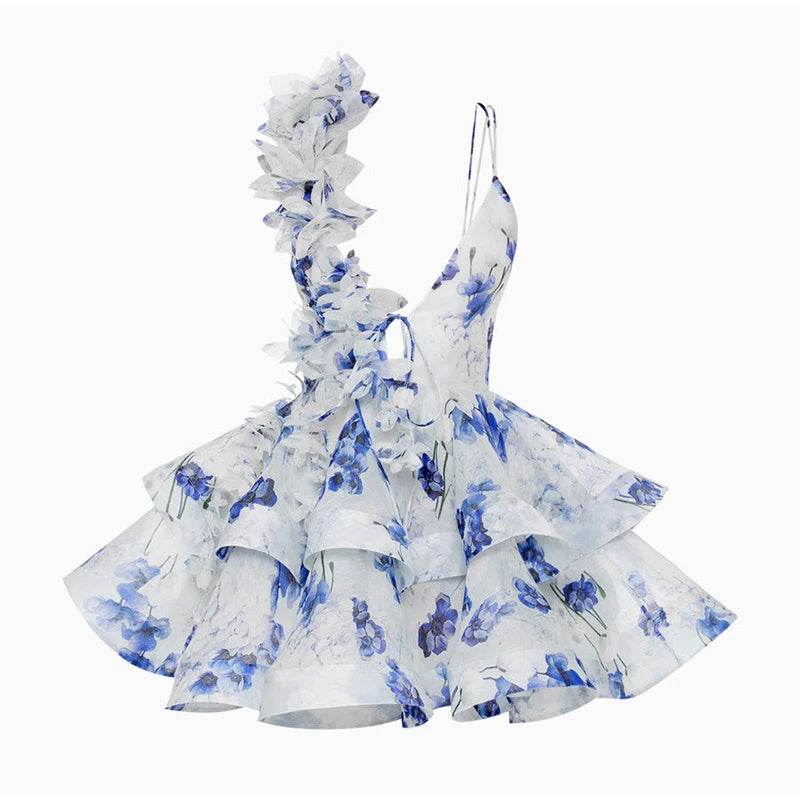 Elegant 3D Flower Print Mini Party Dress - Women's Lace Up A-Line - Buy Center US