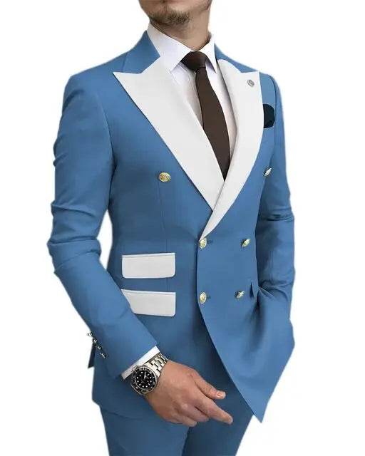 Elegant Light Blue Smoking Jacket & Pants Set for Men - Gold Buttons Tuxedo - Buy Center US