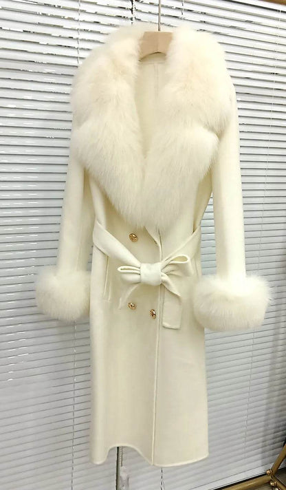 HSPLC Women's Long Wool Blended Coat with Fox Fur Collar - Winter Fashion - Buy Center US