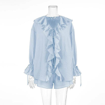 Tornova Women's Ruffled Shorts Set - V Neck Lace Up Casual Style - Buy Center US