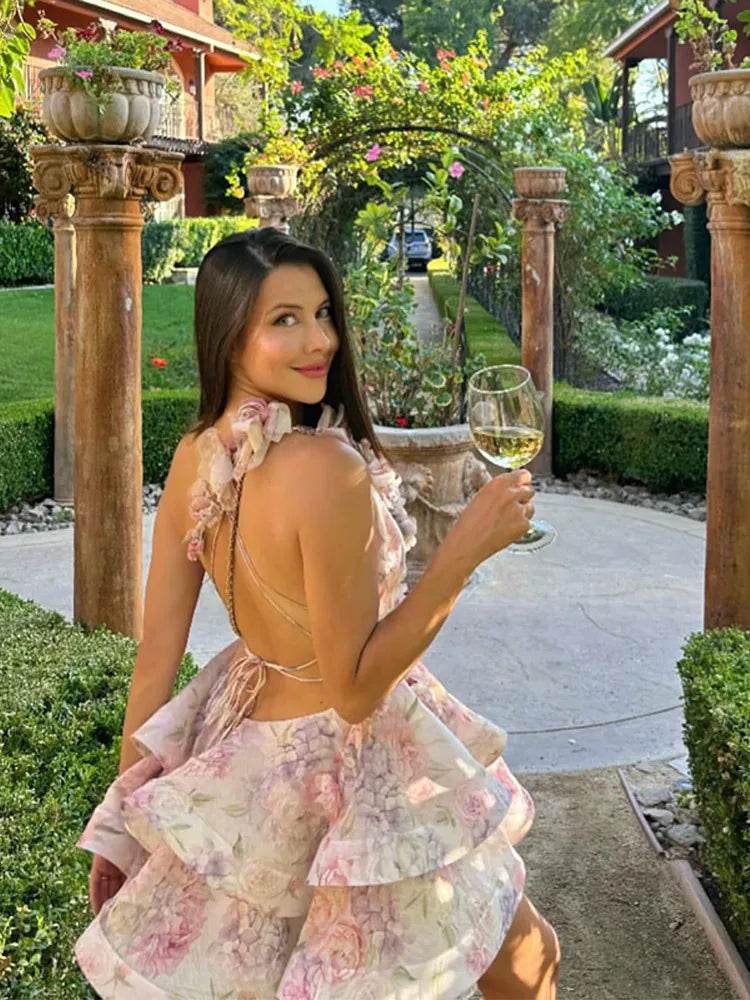 3D Flowers Halter Dress - Printed Deep V-Neck for Summer Style - Buy Center US