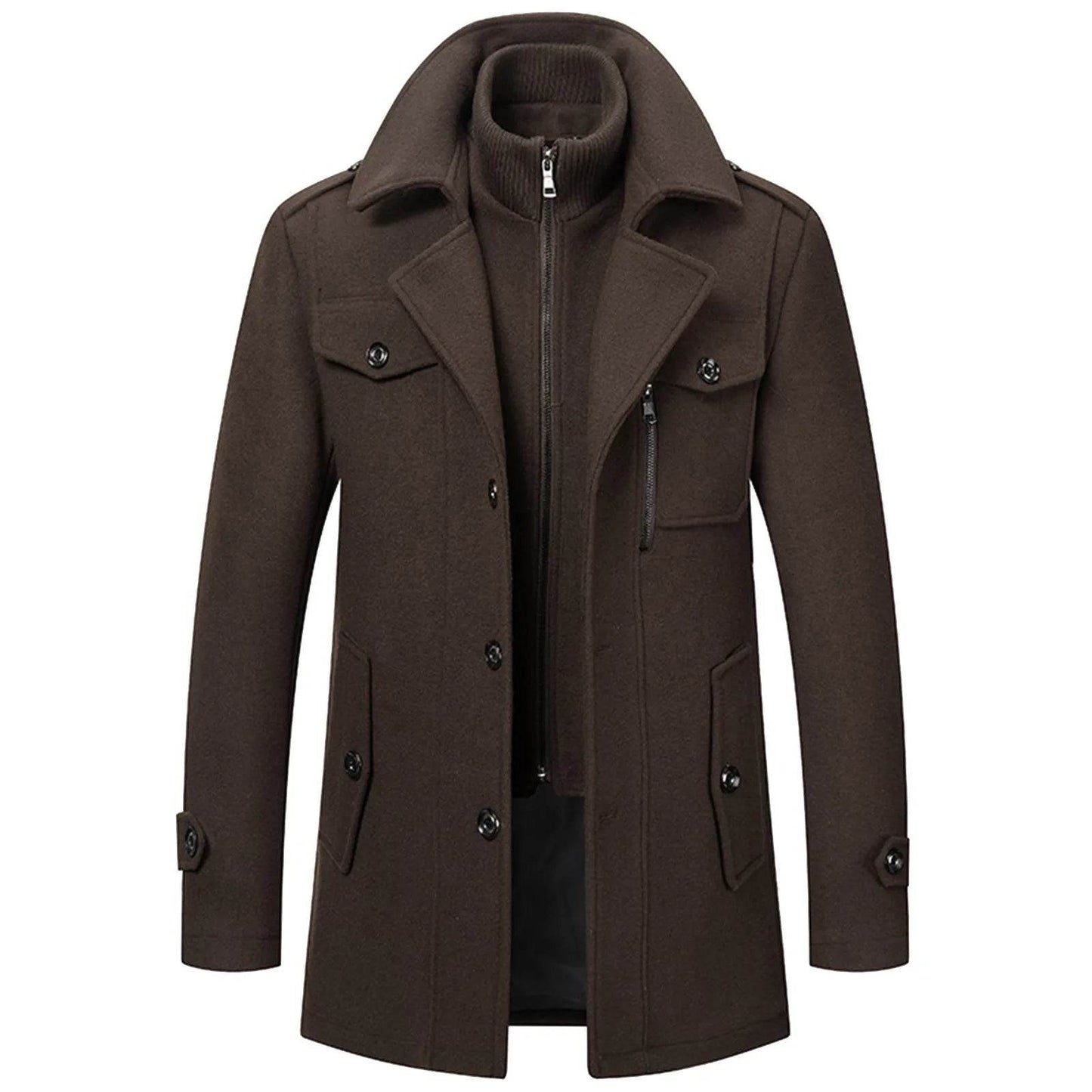 Men's Black Woolen Trench Coat - Casual High Collar Zipper Jacket - Buy Center US