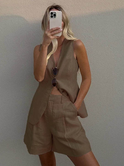 Orinchic Women's Summer Cotton Linen Vest & Shorts Set - Casual Chic - Buy Center US