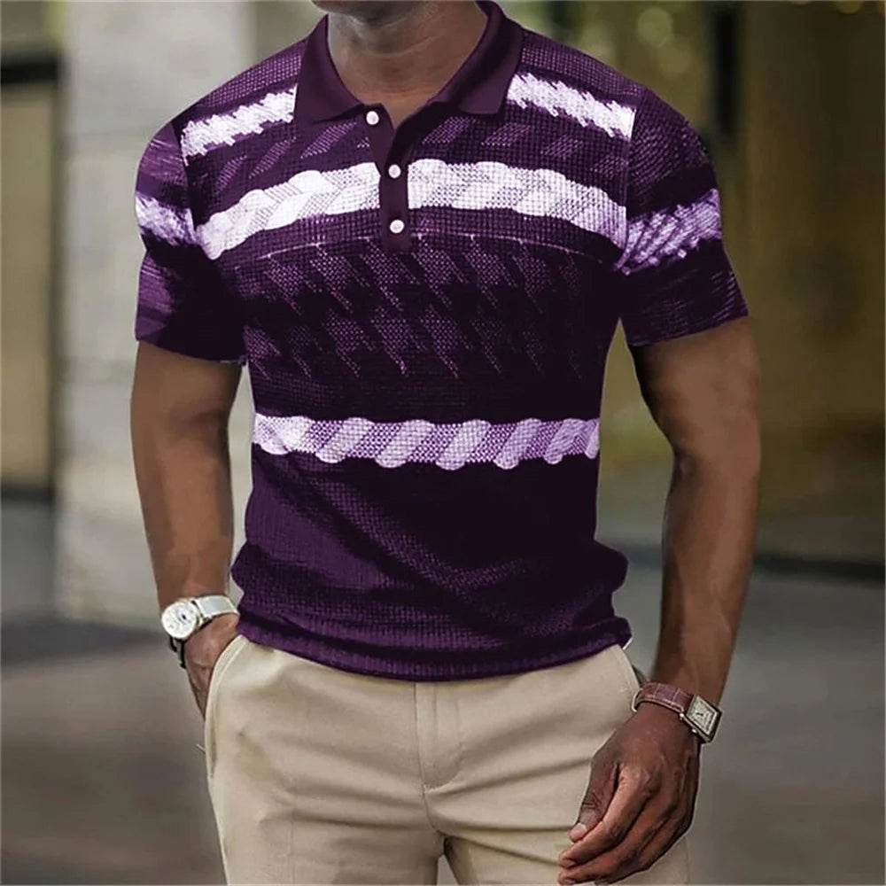 Vintage Men's Casual Polo Shirt - 3D Stripe Print, Loose Fit, Soft Tee - Buy Center US