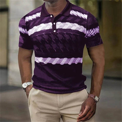 Vintage Men's Casual Polo Shirt - 3D Stripe Print, Loose Fit, Soft Tee - Buy Center US