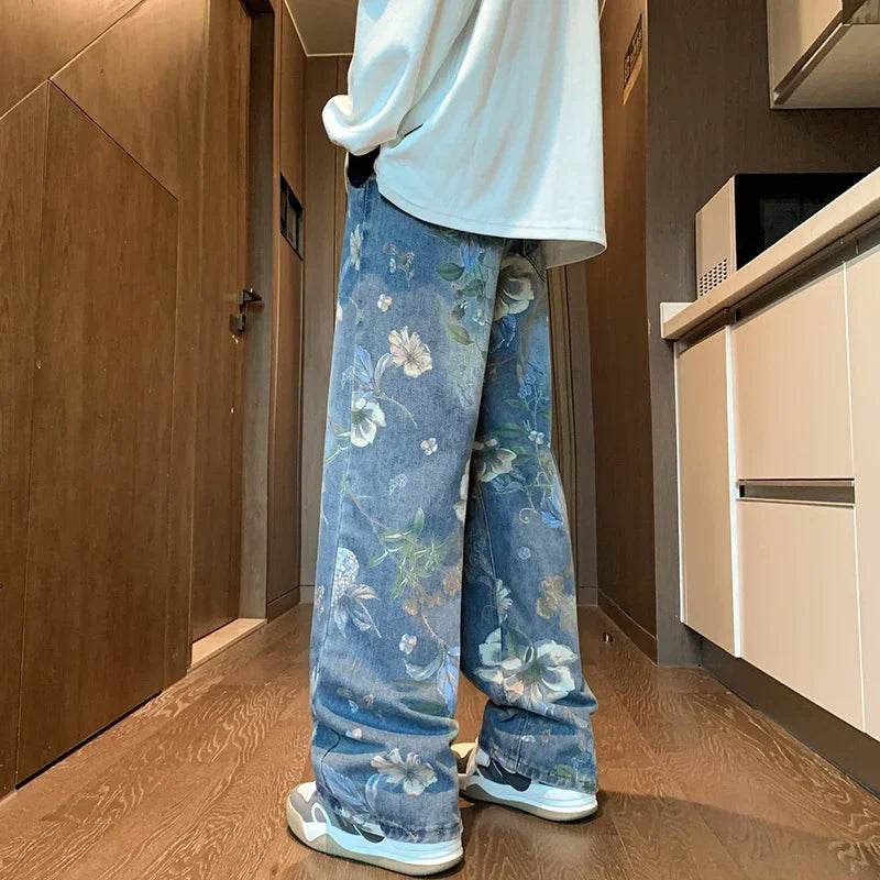 Y2K Vintage Floral Printed Jeans for Men - Baggy Wide-Leg Streetwear - Buy Center US