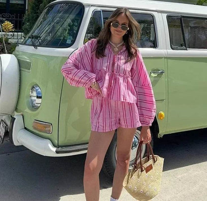 Chic Striped Lantern Sleeve Casual Top & Shorts Set for Women - Buy Center US