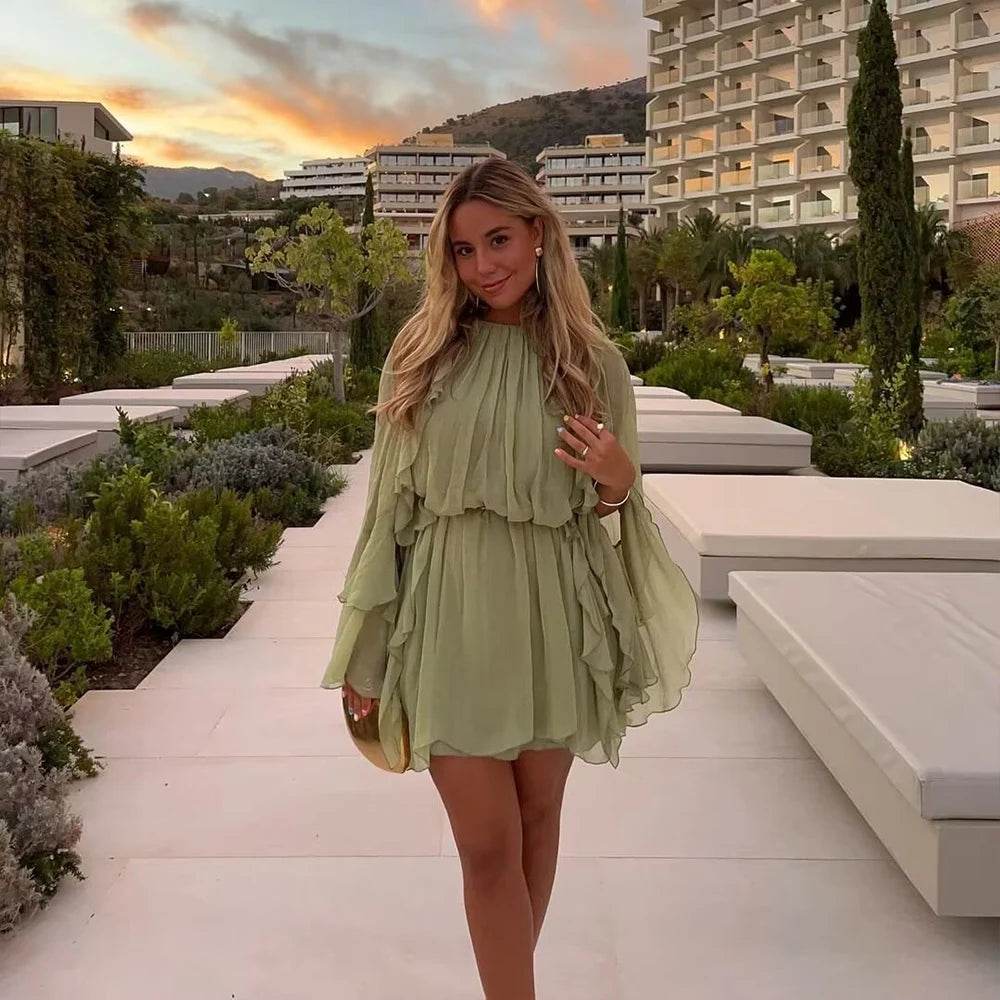 PB&ZA Women’s Frill Round Neck Dress - Fresh Green, Loose Fit Style - Buy Center US