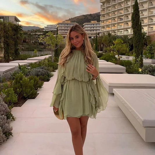 PB&ZA Women’s Frill Round Neck Dress - Fresh Green, Loose Fit Style - Buy Center US