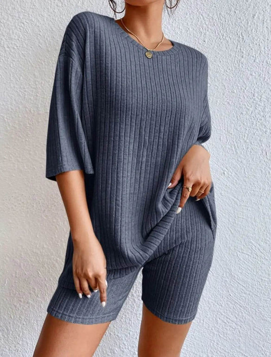 Casual Women’s Spring/Summer Two-Piece Set - O Neck Top & Shorts - Buy Center US