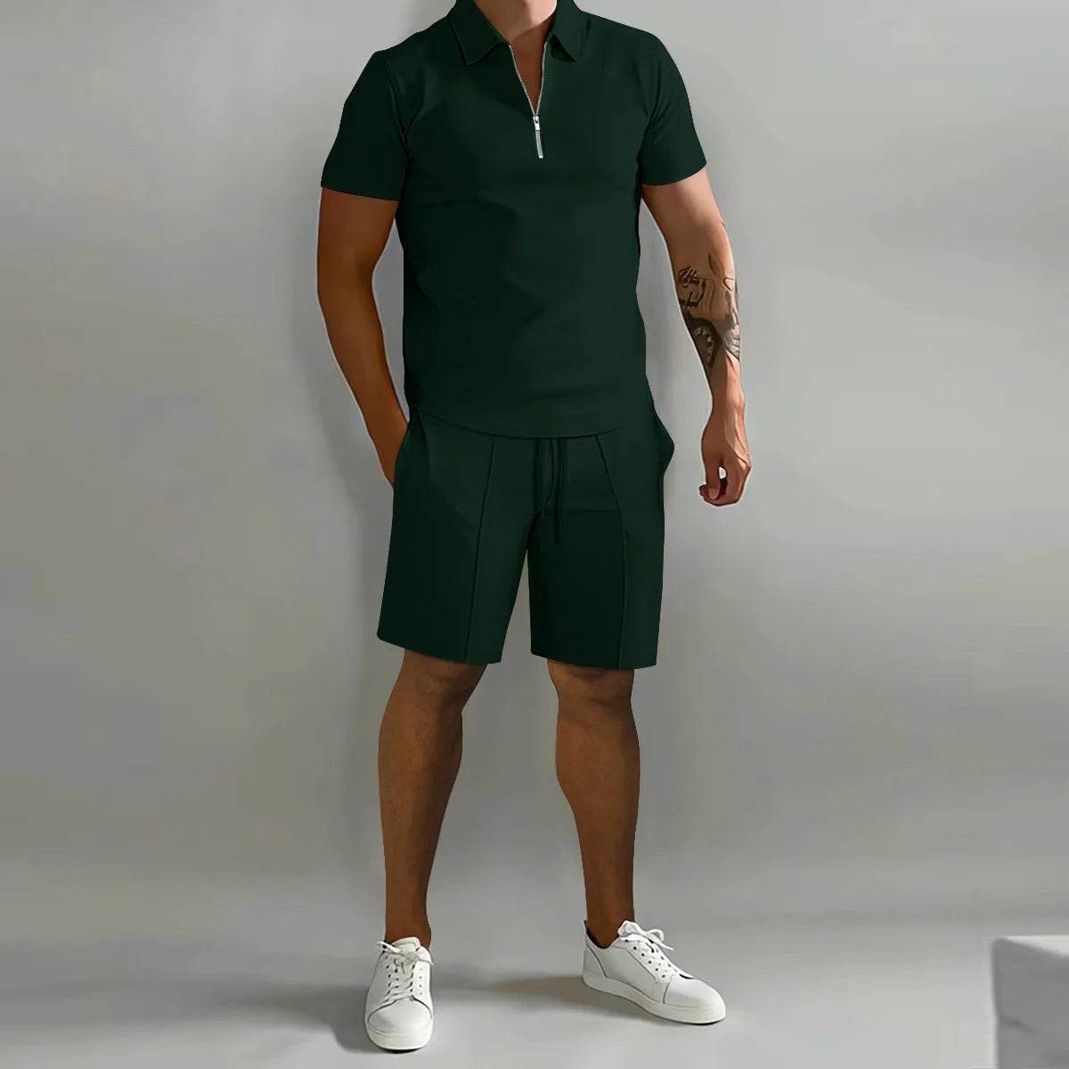 Men's Casual Solid Color Polo Shirt & Vertical Stripe Pants Set - Buy Center US