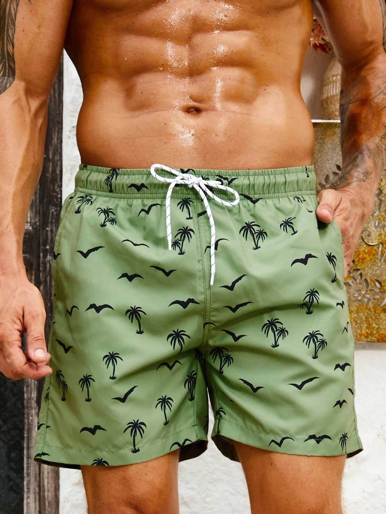 Men's Quick Dry Beach Shorts - Casual Hawaiian Print, Drawstring Style - Buy Center US