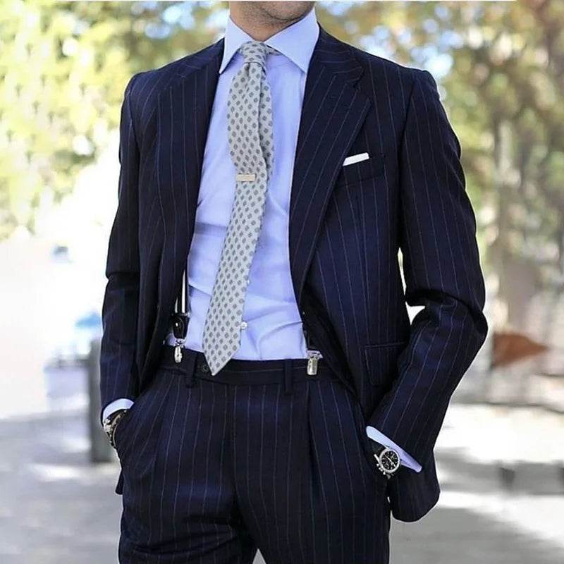 Navy Blue Striped Slim Fit Suit for Men - Perfect Wedding Tuxedo - Buy Center US