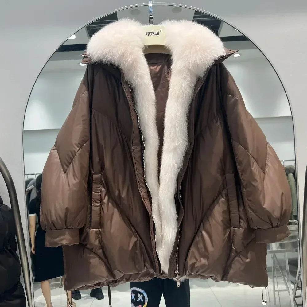 Women's White Goose Down Jacket - Real Fox Fur Puffer Coat - Buy Center US