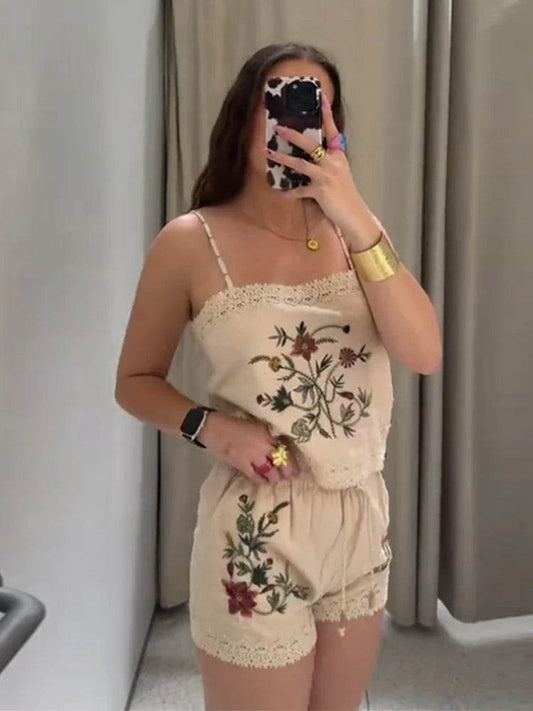 Retro Embroidered Sling Top and Shorts Set - Casual Summer Outfit - Buy Center US