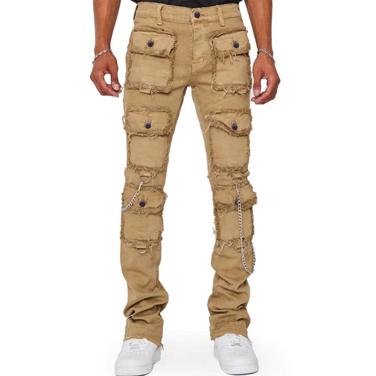 WQAFVG Men's Multi-Pocket Cargo Jeans - Stretch Straight-Leg Vintage Trousers - Buy Center US