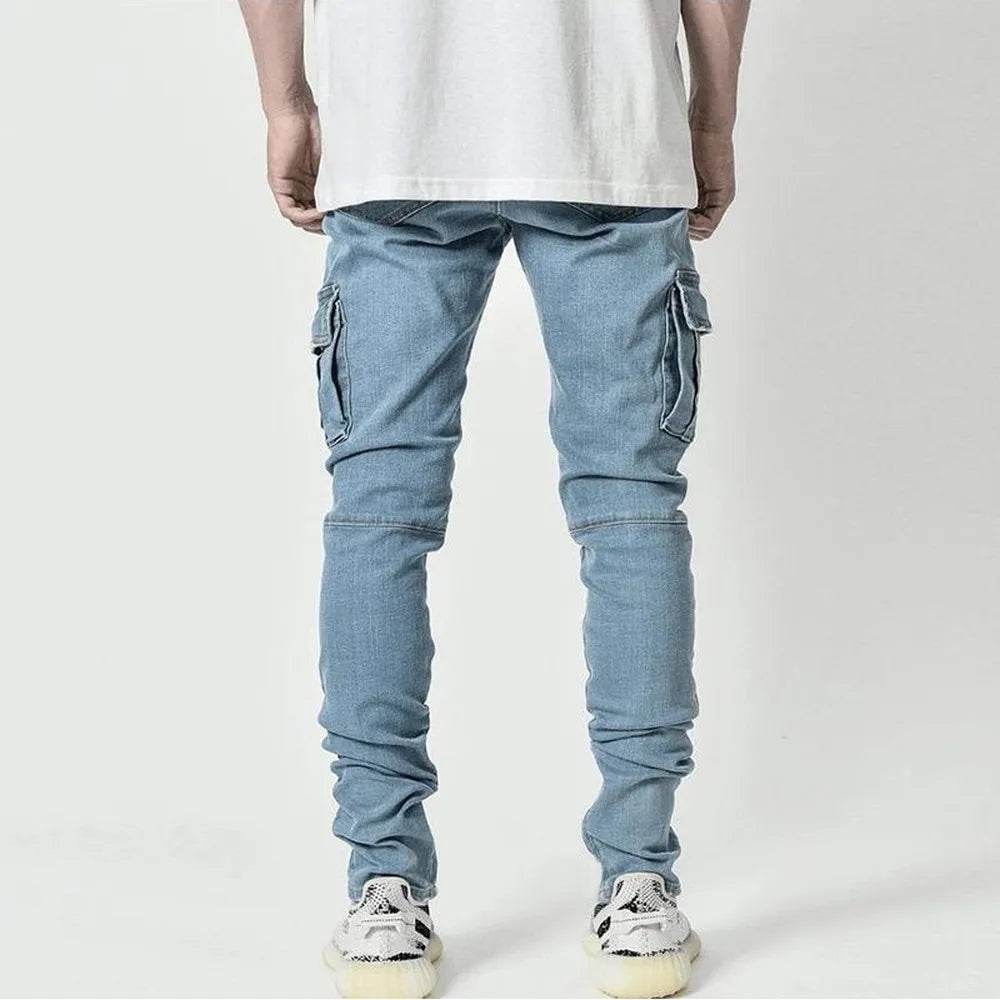 Slim Fit Men's Denim Cargo Pants - Multi Pocket Casual Trousers - Buy Center US