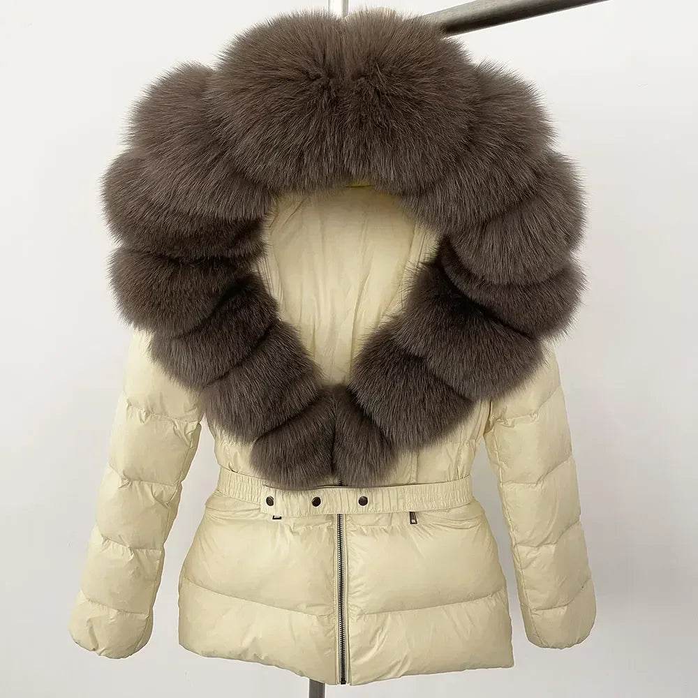 Women's Hooded White Duck Down Coat - Real Raccoon Fur Collar - Buy Center US