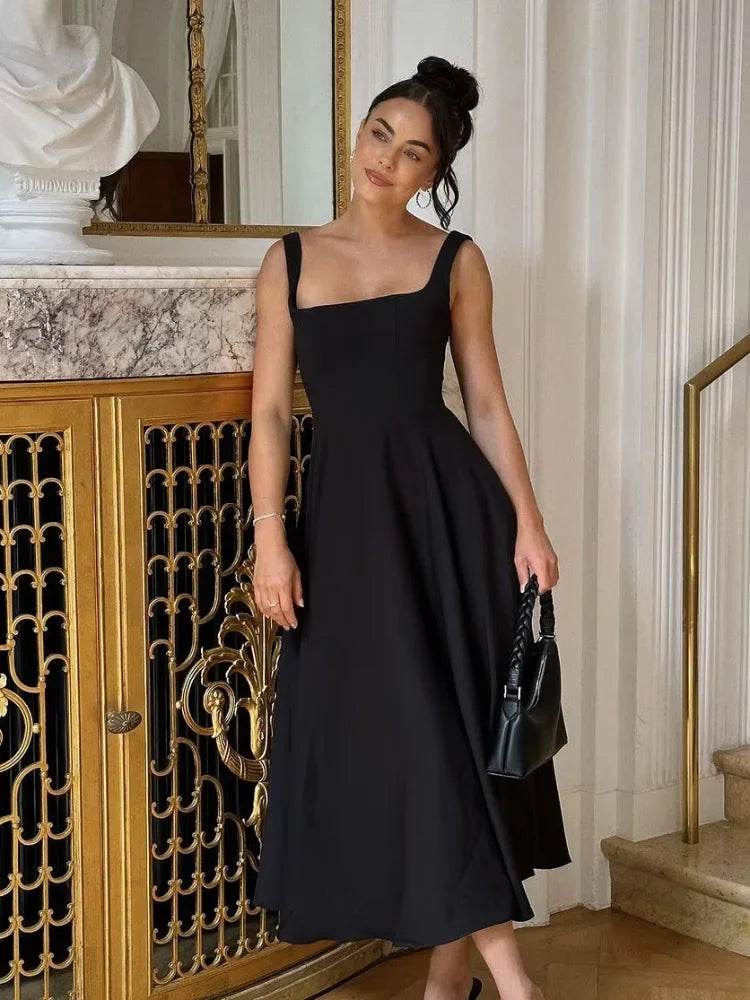 Beainmmry Black A-line Maxi Dress - Elegant Square Neck, Sleeveless - Buy Center US