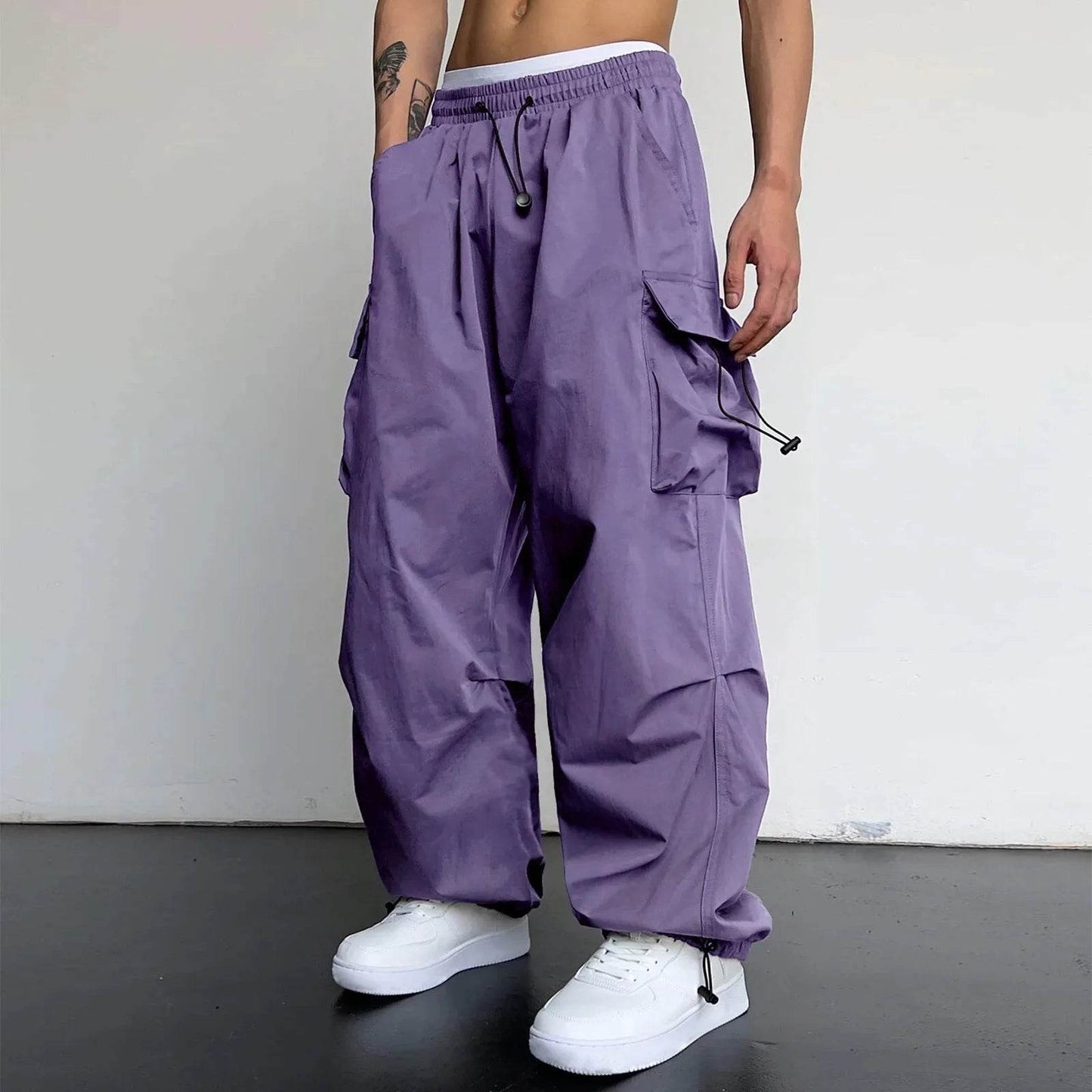 Men's Casual Mid Waist Cargo Pants - Solid Color with Woven Pockets - Buy Center US