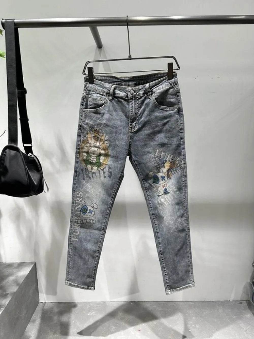 Men's Slim Fit Light Blue Denim Jeans - Luxury Rabbit Print Design - Buy Center US