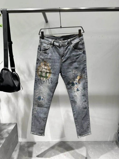 Men's Slim Fit Light Blue Denim Jeans - Luxury Rabbit Print Design - Buy Center US