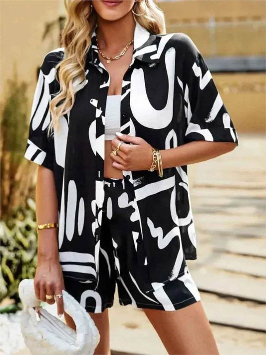 Shuangfuxiang Women’s Casual Geometric Print Short Sleeve Set - Buy Center US