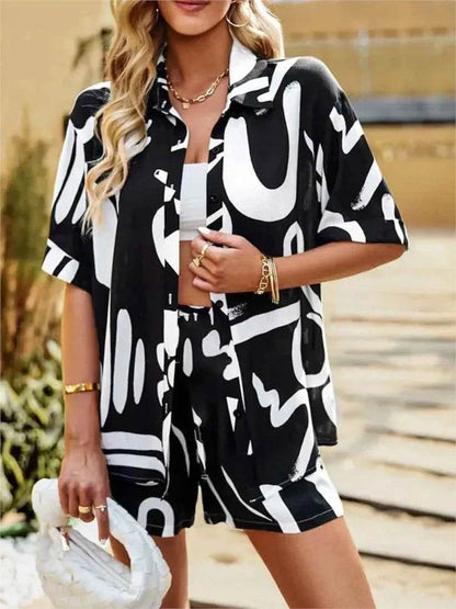 Shuangfuxiang Women’s Casual Geometric Print Short Sleeve Set - Buy Center US