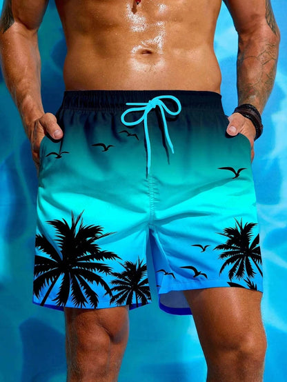 Men's Summer Board Shorts - 3D Palm Tree Print with Drawstring - Buy Center US