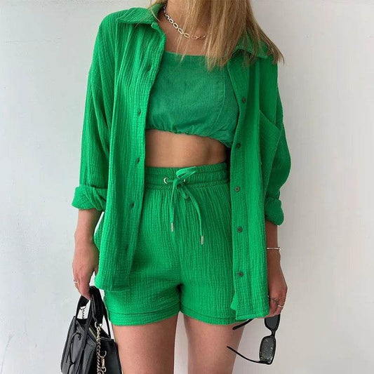 Women's Summer Shorts Set - White Casual Outfit with Long Shirt - Buy Center US