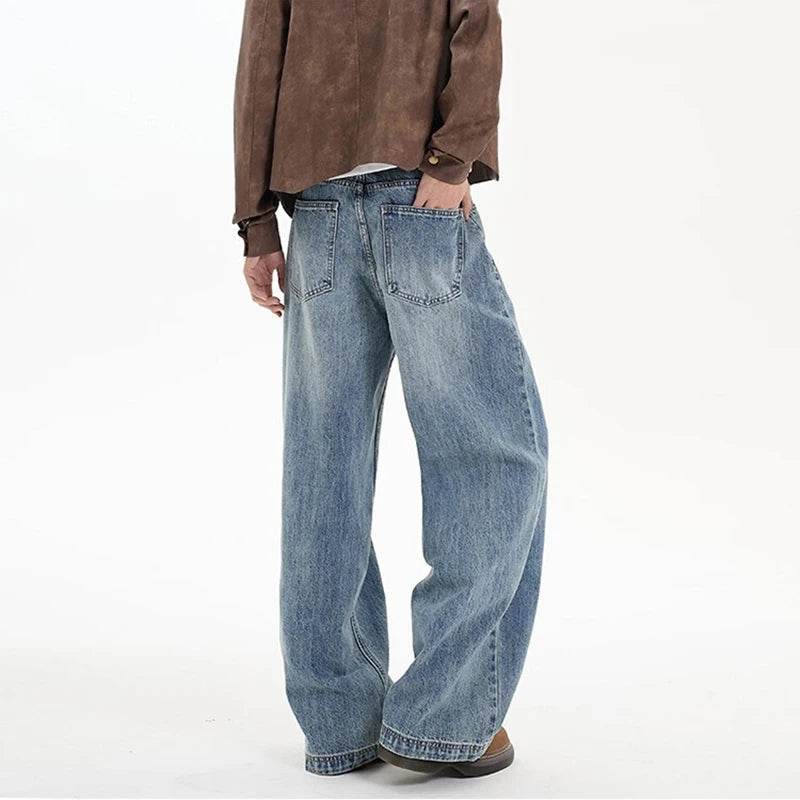 Classic Blue Washed Men's Denim Pants - Casual Loose Fit Trousers - Buy Center US