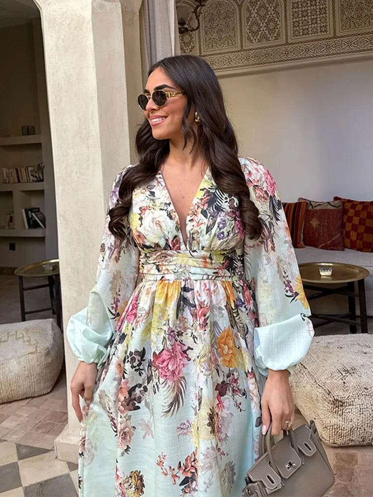 Chic Floral Print Women's Dress - Elegant V-Neck & Lantern Sleeves - Buy Center US