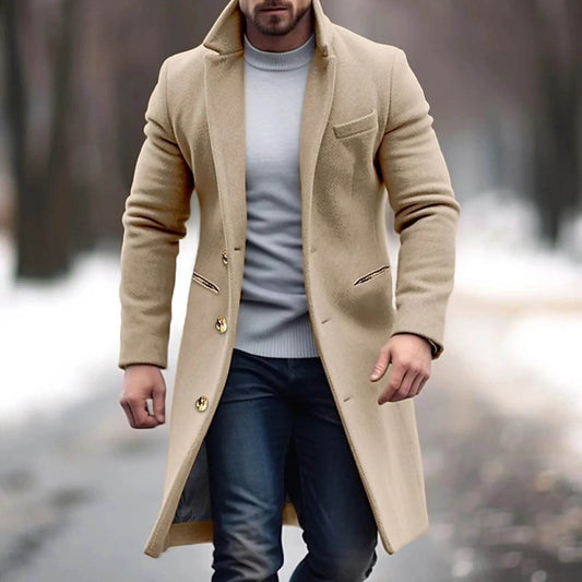 Men's Woolen Mid-Length Trench Coat - Casual Slim Fit Jacket with Pockets - Buy Center US