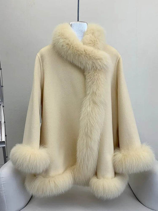 Elegant Real Fox Fur Collar Coat - Women's Wool Cloak for 2024 - Buy Center US