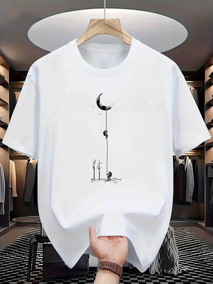 GUILAN Men's 100% Cotton Casual T-Shirt - Plus Size Moon Landing Print - Buy Center US