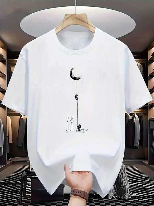 GUILAN Men's 100% Cotton Casual T-Shirt - Plus Size Moon Landing Print - Buy Center US