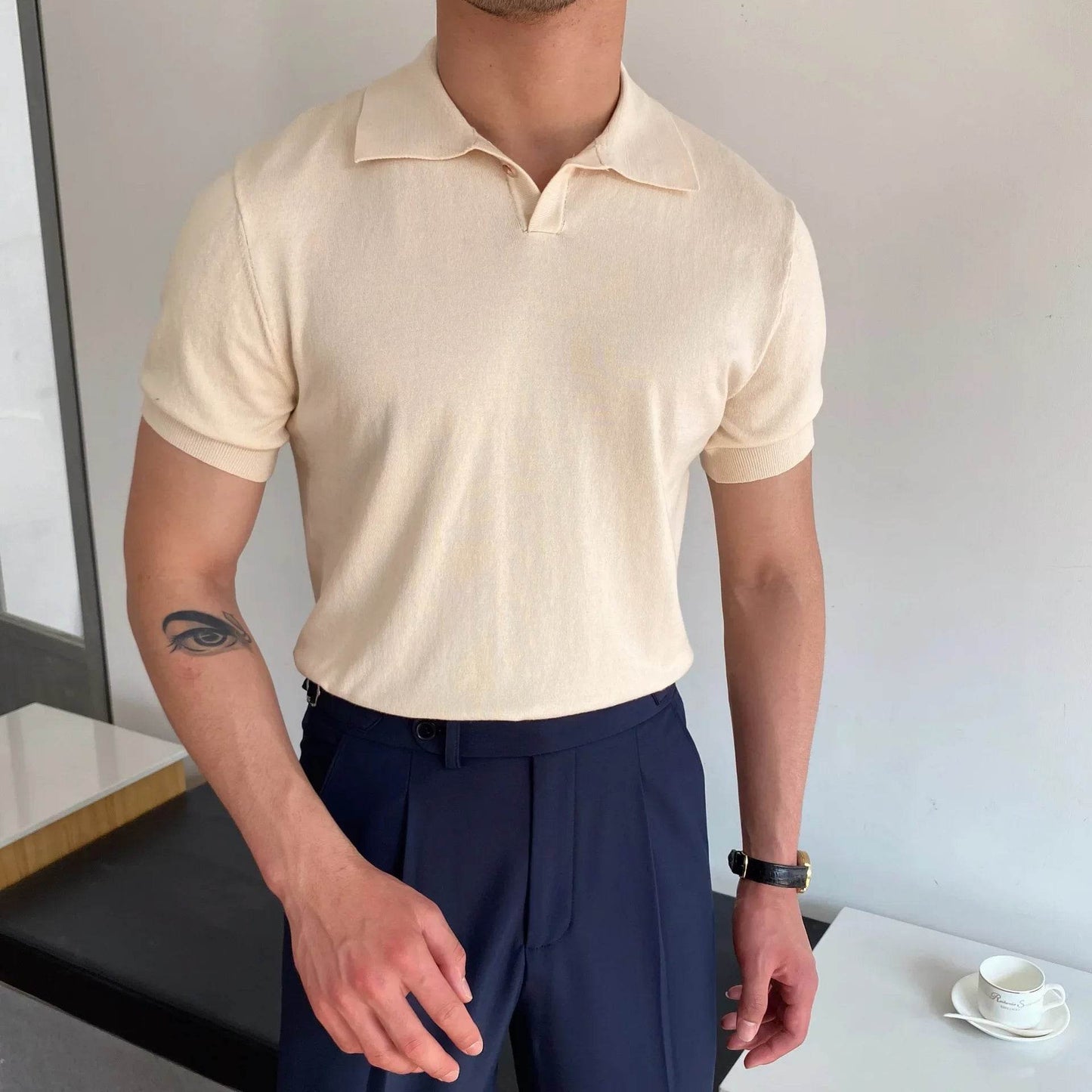 ELITEVESTA Men's Slim-Fit Polo Shirt - Elbow Sleeve, Breathable Cotton - Buy Center US