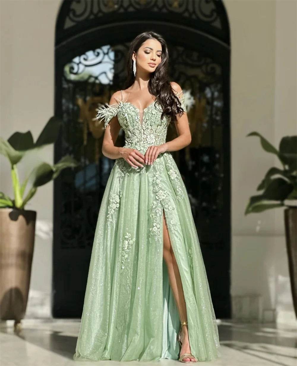 Cathy Light Green Off the Shoulder Prom Dress - High Split, Lace Embroidery - Buy Center US