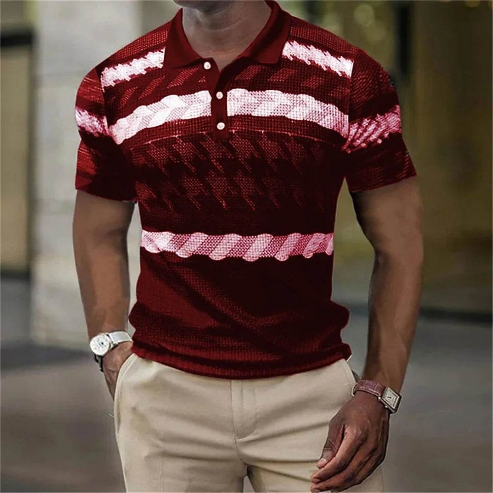 Vintage Men's Casual Polo Shirt - 3D Stripe Print, Loose Fit, Soft Tee - Buy Center US