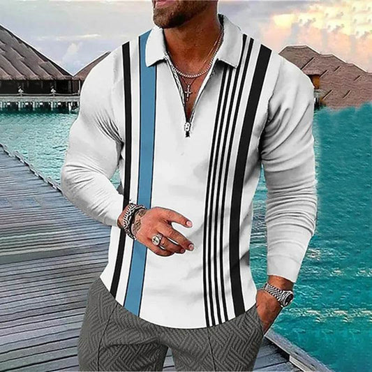 Men’s Casual Golf Polo Shirt - Zipper Lapel, Breathable Contrast Stripe - Buy Center US