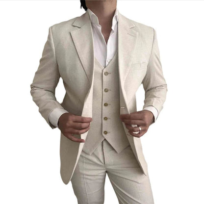 Tunetak Men's 3-Piece Linen Suit - Slim Fit Beige Blazer & Vest Set - Buy Center US