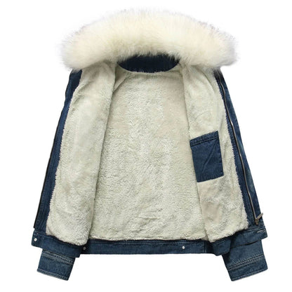 Men's Winter Fleece Lined Fur Collar Jean Jacket - Warm Denim Outerwear - Buy Center US