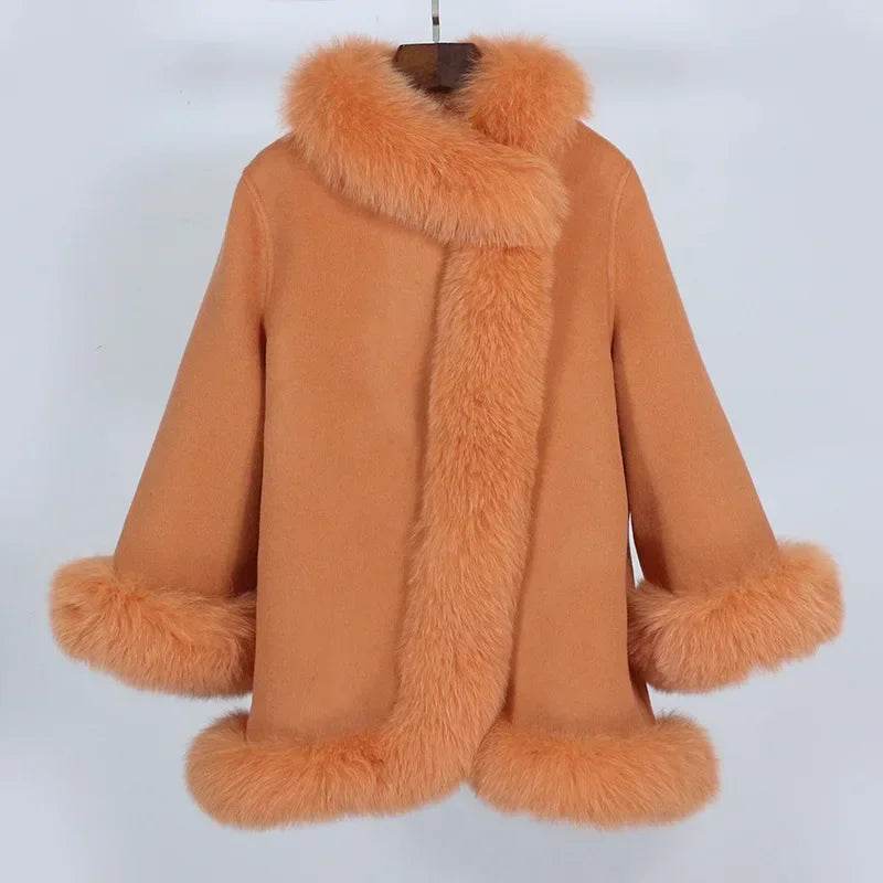 Elegant Real Fox Fur Collar Coat - Women's Wool Cloak for 2024 - Buy Center US