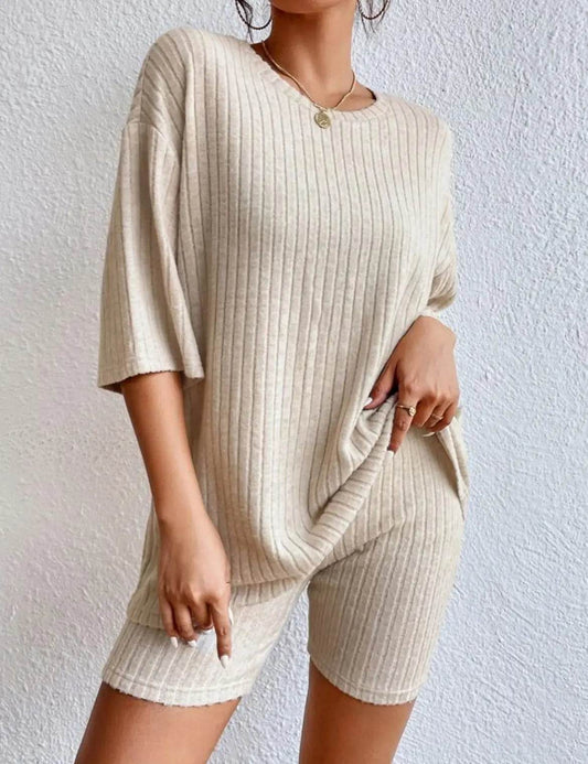 Casual Women’s Spring/Summer Two-Piece Set - O Neck Top & Shorts - Buy Center US