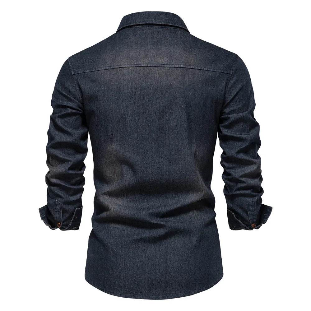 High-Quality Cotton Denim Shirt - Men's Slim Fit Casual Long Sleeve - Buy Center US