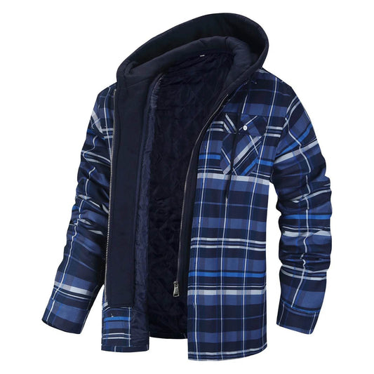 Men's Winter Flannel Cotton Shirt Jacket with Hood - Quilted & Warm - Buy Center US
