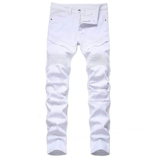 Men's Fashion White Motorcycle Jeans - Casual Straight Fit Denim Pants - Buy Center US