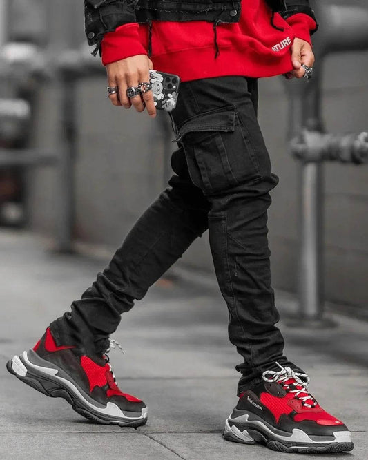 Men's Black Stretch Cargo Jeans - Big Pockets, Casual Comfort - Buy Center US